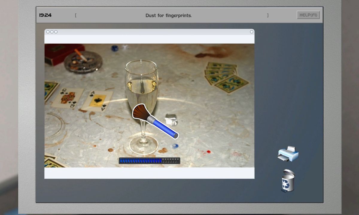 Casebook: Episode I - Kidnapped (Windows) screenshot: Dusting for prints on a champagne glass