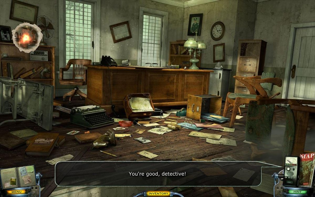 Mystery Case Files: Shadow Lake (Windows) screenshot: Wardens old office using Cassandra's vision drawings to locate pychic energy