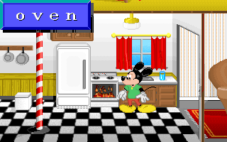 Mickey's ABC's: A Day at the Fair (DOS) screenshot: Don't forget to turn off the oven before you leave.