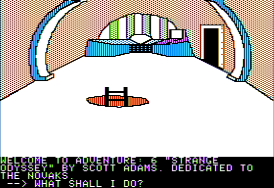 Scott Adams' Graphic Adventure #6: Strange Odyssey (Apple II) screenshot: Starting in my Spacecraft