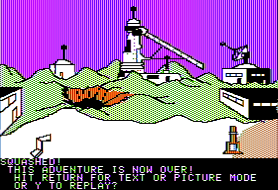 Scott Adams' Graphic Adventure #6: Strange Odyssey (Apple II) screenshot: I Get Squashed on an Alien Mining Colony