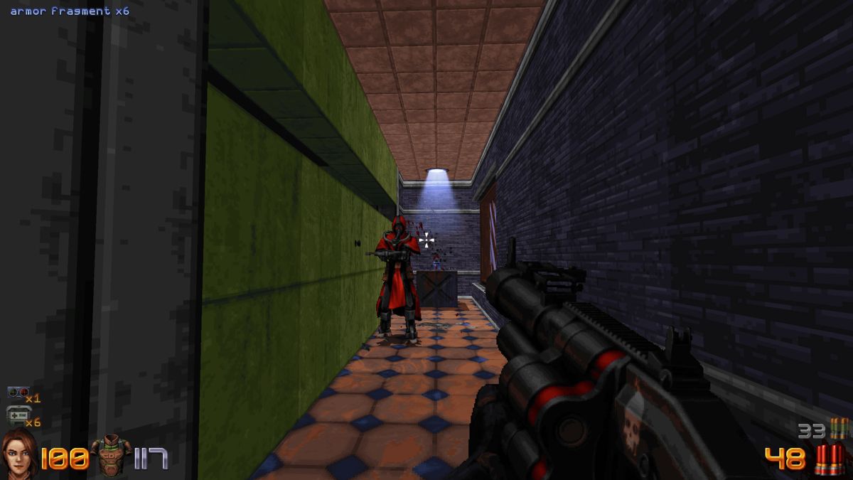 Ion Fury (Windows) screenshot: Encounter in a small corridor