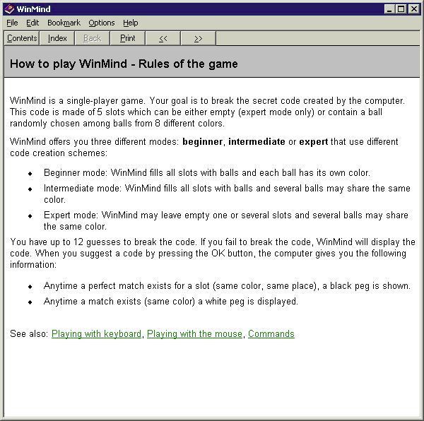 WinMind (Windows) screenshot: For a small game the help file is quite comprehensive