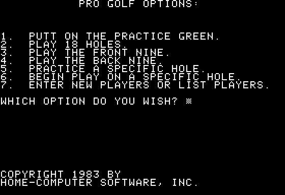 Pro Golf (Apple II) screenshot: Main Menu