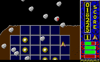 Mission Genocide (Atari ST) screenshot: The big asteroid shower is the last gasp of level 1. Before we enter...