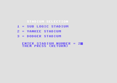 Pure-Stat Baseball (Commodore 64) screenshot: Choose Your Stadium