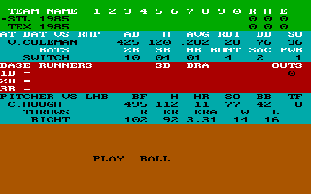 Pure-Stat Baseball (DOS) screenshot: Play Ball!