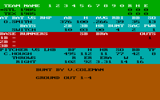 Pure-Stat Baseball (DOS) screenshot: The Text Replay