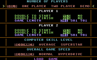 Superstar Indoor Sports (Commodore 16, Plus/4) screenshot: Darts: Options