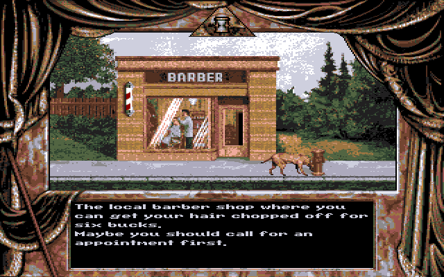 Dark Seed (Amiga) screenshot: Local barber serving a customer