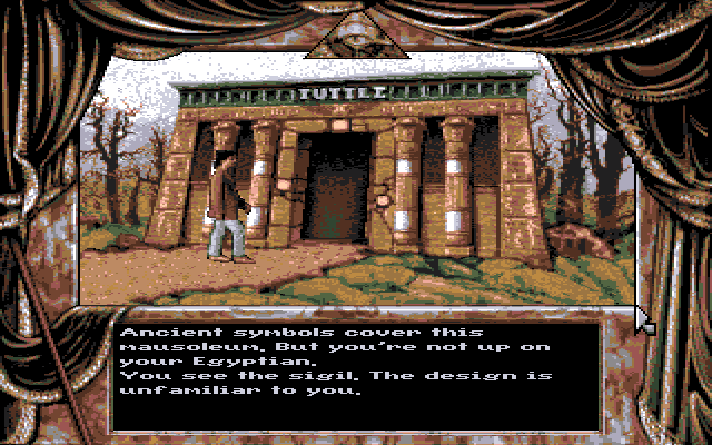 Dark Seed (Amiga) screenshot: In front of the creepy mausoleum in the cemetery