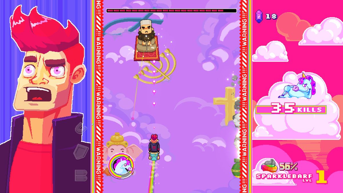 Rainbows, Toilets & Unicorns: Entertainment Corp. (Windows) screenshot: Not content with shooting assorted priests we're now trying to take down this bearded guy on a flying carpet who is the first boss