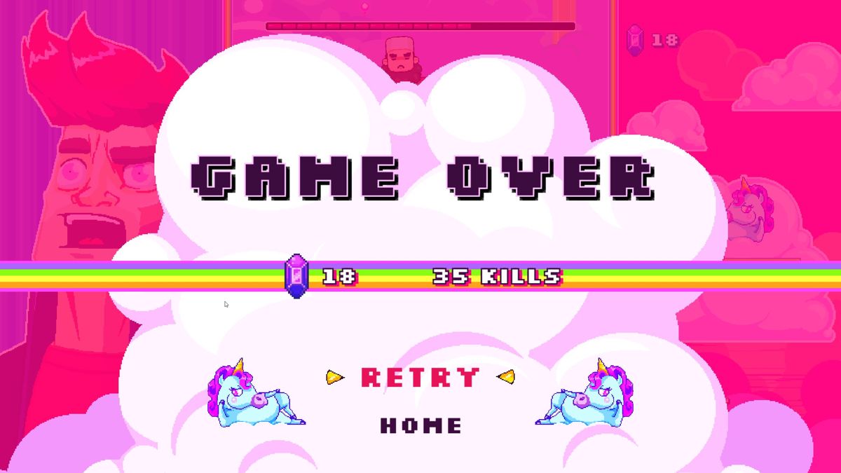 Rainbows, Toilets & Unicorns: Entertainment Corp. (Windows) screenshot: Game over!<br>It just takes one hit and that's it