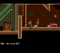 SOS (SNES) screenshot: Cabin now upsidedown, strewn with corpses -- and do mind the falling furniture!