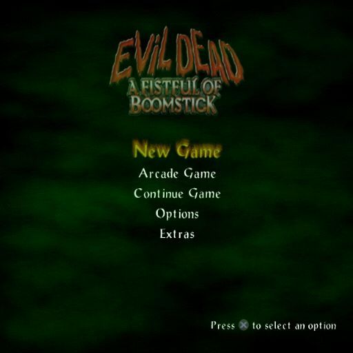 Evil Dead: A Fistful of Boomstick (PlayStation 2) screenshot: The game's main menu follows the company logos and an optional rolling demo. The Arcade game has to be unlocked by making progress in the main game