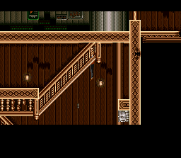 SOS (SNES) screenshot: Acrobatic deeds of derring-do -- just to navigate the wreckage + get around, we're forced to dangle from upside-down staircases.