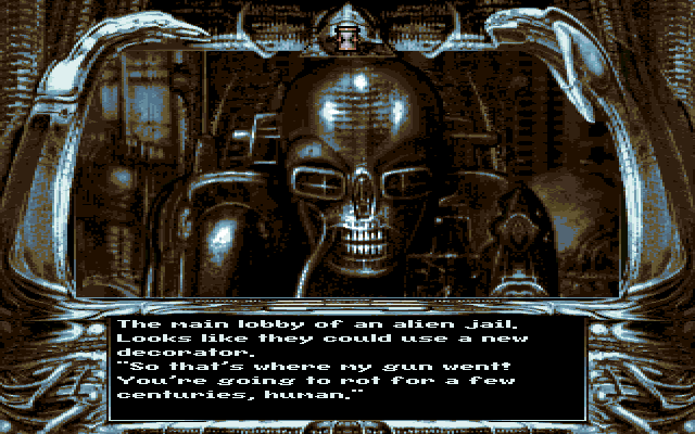 Dark Seed (Amiga) screenshot: Being arrested by the alien police officer