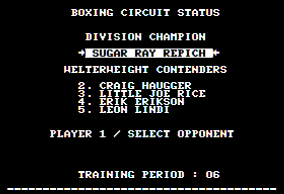 Star Rank Boxing II (Apple II) screenshot: Choosing my Opponent