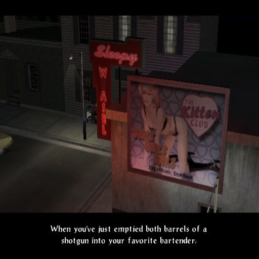 Evil Dead: A Fistful of Boomstick (PlayStation 2) screenshot: There's great dialogue in this game, this line continues with '...... you can be sure happy hour is over'