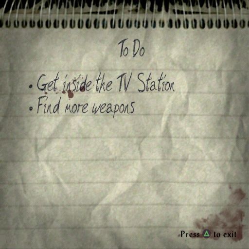Evil Dead: A Fistful of Boomstick (PlayStation 2) screenshot: As the game progresses Ash is assigned tasks to complete. This is his 'To Do' list at the very start of the game
