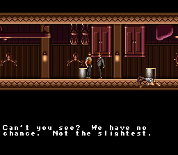 SOS (SNES) screenshot: Motivating survivors to make an escape attempt.
