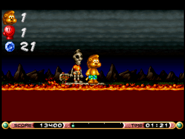 Brian the Lion Starring In: Rumble in the Jungle (Amiga) screenshot: Brian hitches a ride in the lava lake