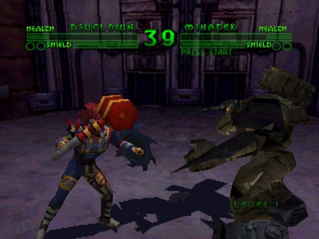 Bio Freaks (PlayStation) screenshot: Clowns vs. Mecha-minotaurs. One thing that can be said for BioFREAKS, it's interesting characters.