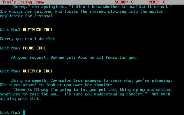 A Night with Troi (DOS) screenshot: Oh no! Also of note: the useful response when trying to start the sexual act with Troi while she is in the wrong position.