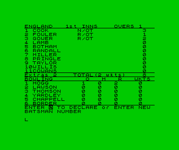 Screenshot of Test Match + One Day Cricket (ZX Spectrum, 1983 