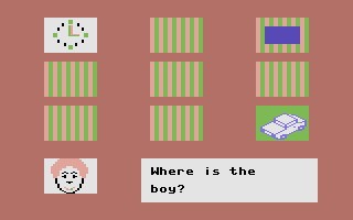 Hide and Seek (Commodore 16, Plus/4) screenshot: Seek It: Where is the boy?