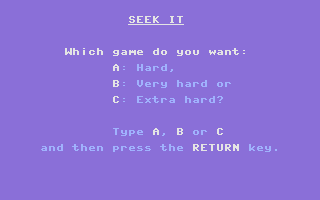 Hide and Seek (Commodore 16, Plus/4) screenshot: Seek It: Title Screen