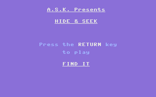Hide and Seek (Commodore 16, Plus/4) screenshot: Find It: Title Screen