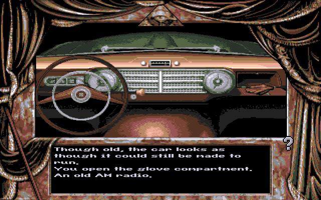 Dark Seed (Amiga) screenshot: Interior of the car - there is a pair of gloves somewhere