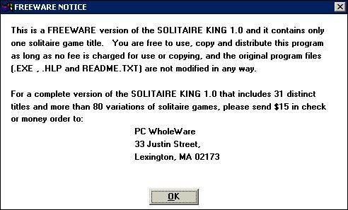 Solitaire King: Sly Fox (Windows 3.x) screenshot: The game starts with this screen which confirms the game's freeware status and plugs the full product.