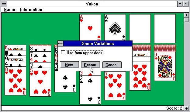 Solitaire King: Yukon (Windows 3.x) screenshot: There is only one available variation to the game's rules. It is enabled via this check box which is accessed via a drop down menu box