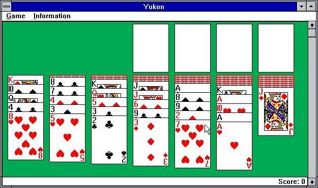 Solitaire King: Yukon (Windows 3.x) screenshot: This shows the arrangement of the cards at the start of the game