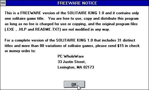 Solitaire King: Yukon (Windows 3.x) screenshot: The game starts by loading this screen which confirms it is freeware. The player must click on the button in order to continue