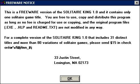 Solitaire King: Shamrocks (Windows 3.x) screenshot: The game loads and displays a freeware notice which includes a prompt to consider buying the full product.
