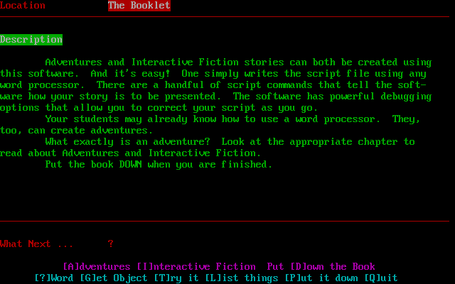 A Quick Run Around the House: A Sample Adventure (DOS) screenshot: The upper command row changes depending on the situation, e.g. here we are reading a book.