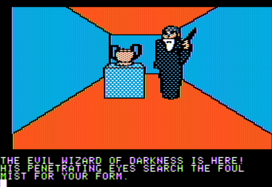 The Chalice of Mostania (Apple II) screenshot: Battling the Evil Wizard