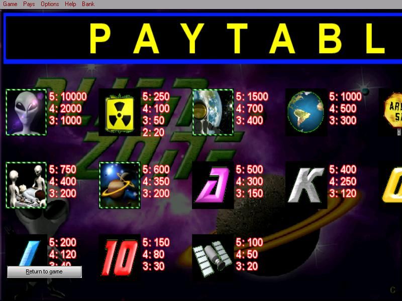 Alien Zone (Windows) screenshot: The paytable