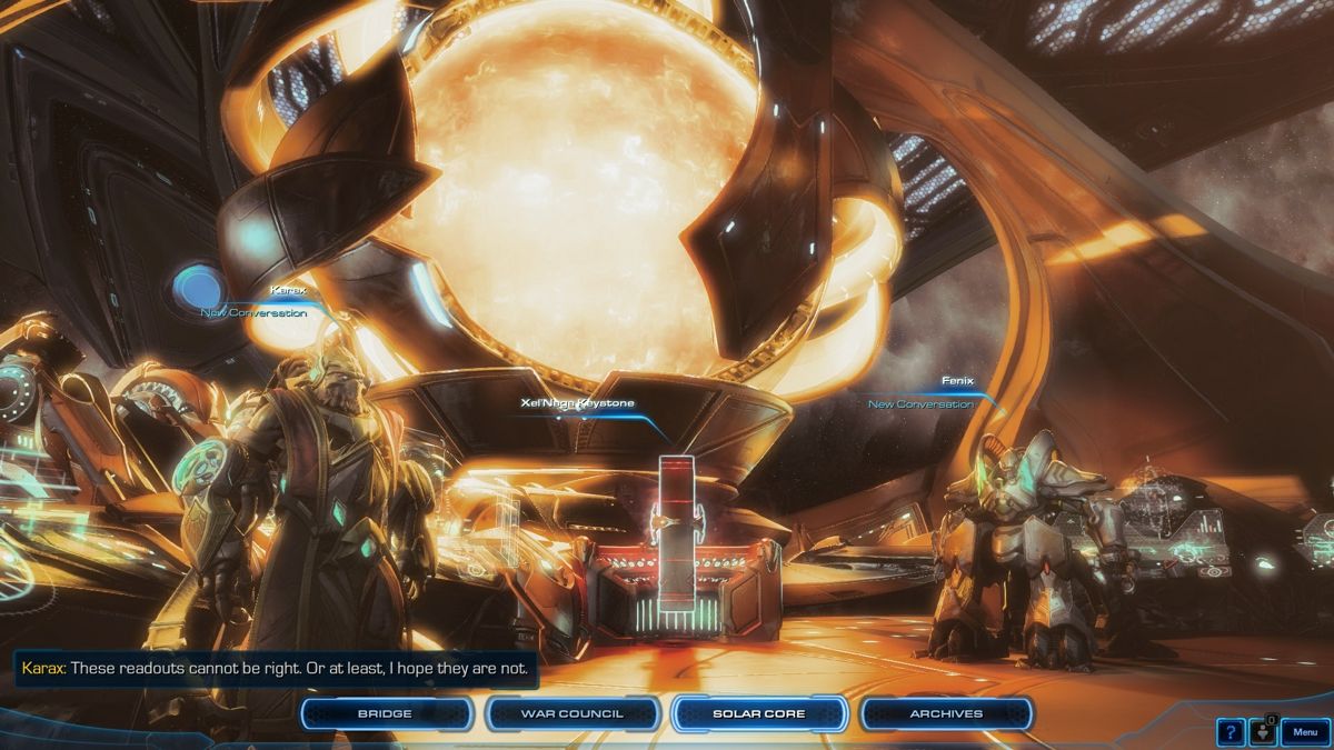 StarCraft II: Legacy of the Void (Windows) screenshot: The Solar Core, where you adjust your ship's auxiliary systems and chat with your local geek squad.