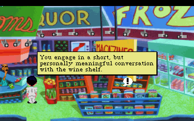 Leisure Suit Larry 1: In the Land of the Lounge Lizards (DOS) screenshot: Store. Getting a generic response from a wine shelf