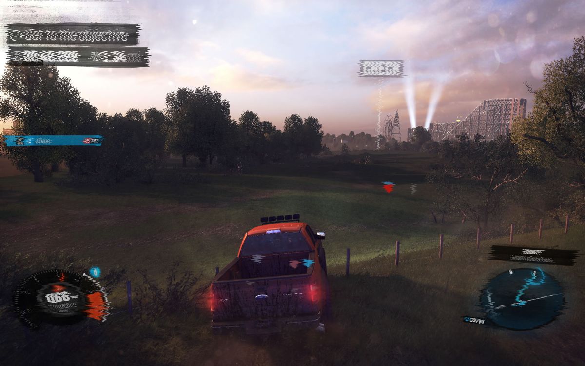 The Crew (Windows) screenshot: Driving through fields while being chased.
