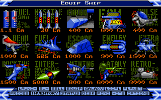 Elite (Amiga) screenshot: Equipment