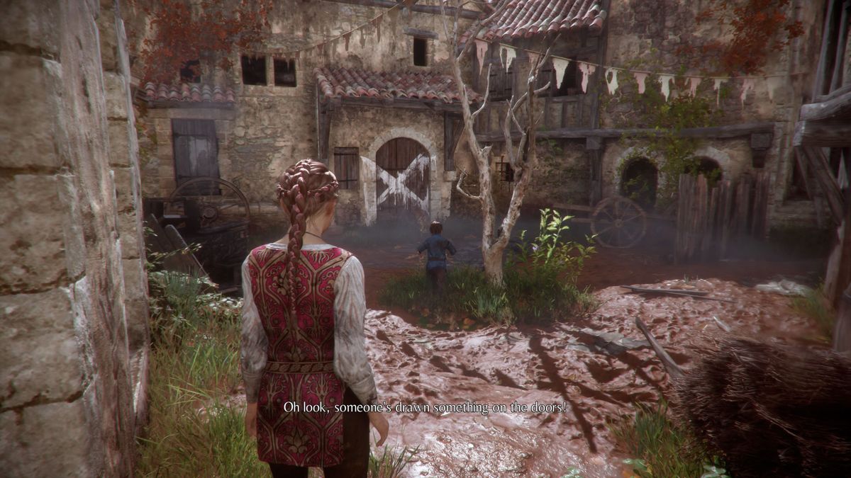 A Plague Tale: Innocence (Windows) screenshot: Houses are marked with white crosses when people died there.