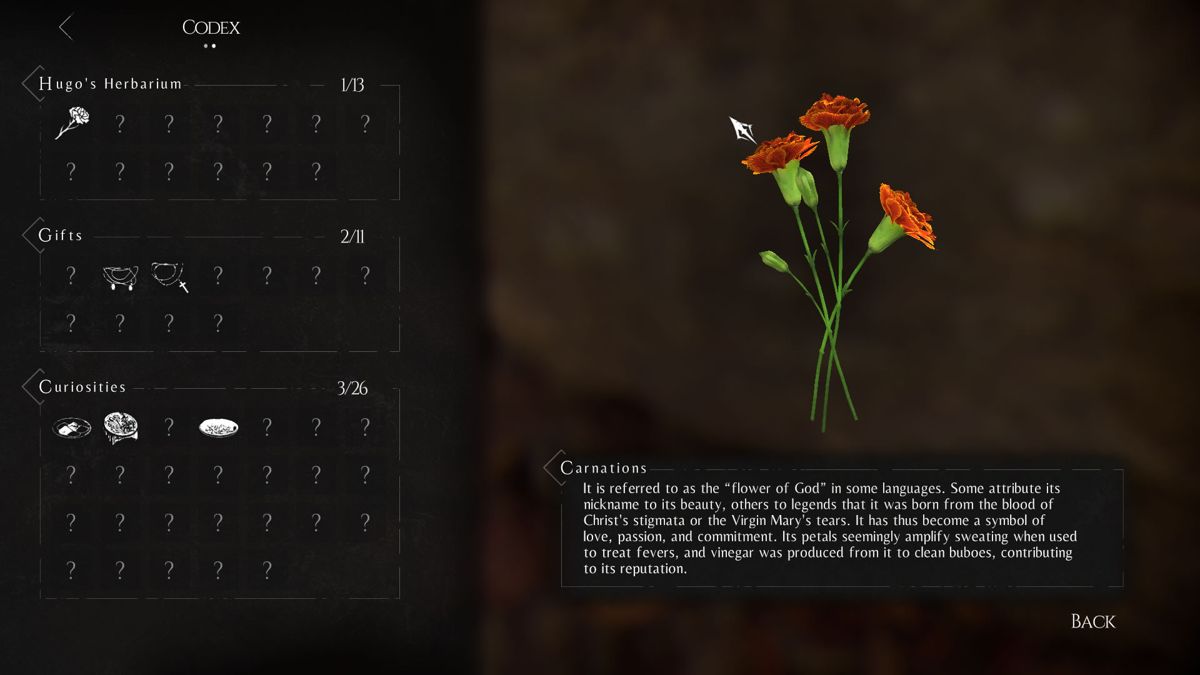 A Plague Tale: Innocence (Windows) screenshot: Collect plants and flowers for Hugo's herbarium, stored in the codex.