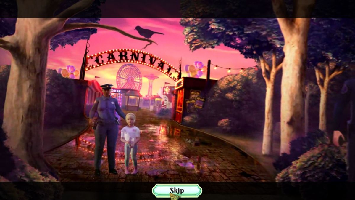 Dark Arcana: The Carnival (Windows) screenshot: So with Mommy trapped inside the House of Fears the police are called. This is the start of the scene where the player, a detective, arrives and begins investigating