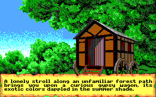 Ultima VI: The False Prophet (DOS) screenshot: Character Creation - The legendary gypsy wagon... (EGA mode)