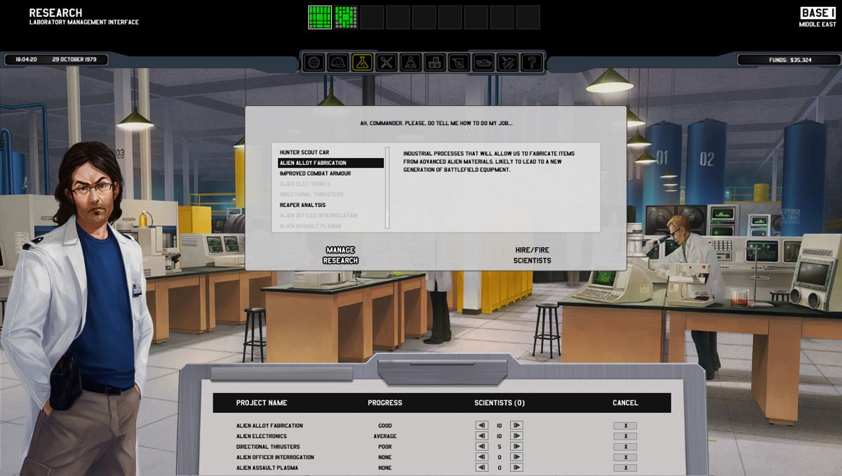 Xenonauts (Windows) screenshot: Research management. The player can select the projects to research, assign scientists to each project, and hire/fire scientists
